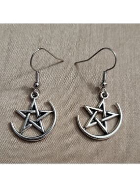 Witchy Crescent Moon & Star Pentagram Silver Tone Earrings